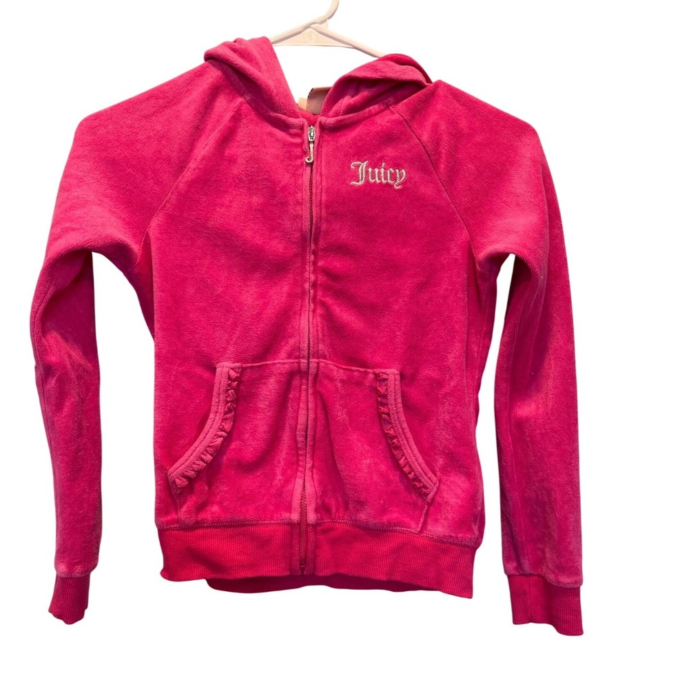Juicy Couture Girls Hot Pink‎ Velour Zip Up Hoodie Scottie Dog Heart Size 8/10